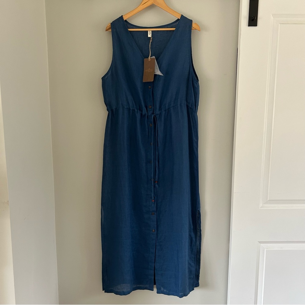 NEW! Thin Linen Button Down Sleeveless Blue Cover Up Maxi Dress Duster L / XL